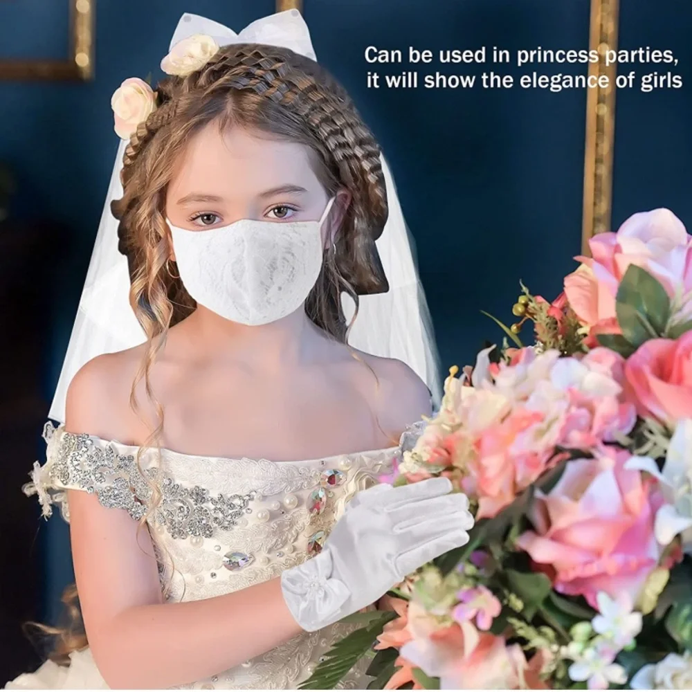 3 Pieces - Headpiece Set, VeilWhite Satin Gloves with Pearl and Face-mask.